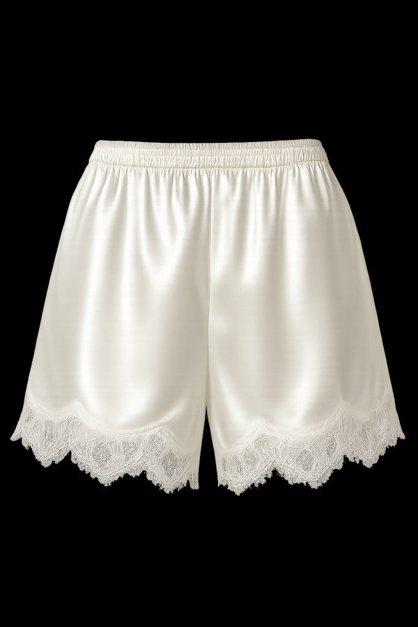 SILK-SATIN MINI SHORTS WITH CHANTILLY LACE